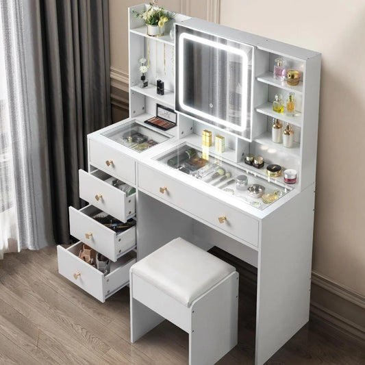 Large 47.2" Makeup Vanity with 3 Color Lights, Vanity Desk with USB Charging Station, Vanity Makeup Table with Visible Drawers, Hidden and Open Storage Shelves, White